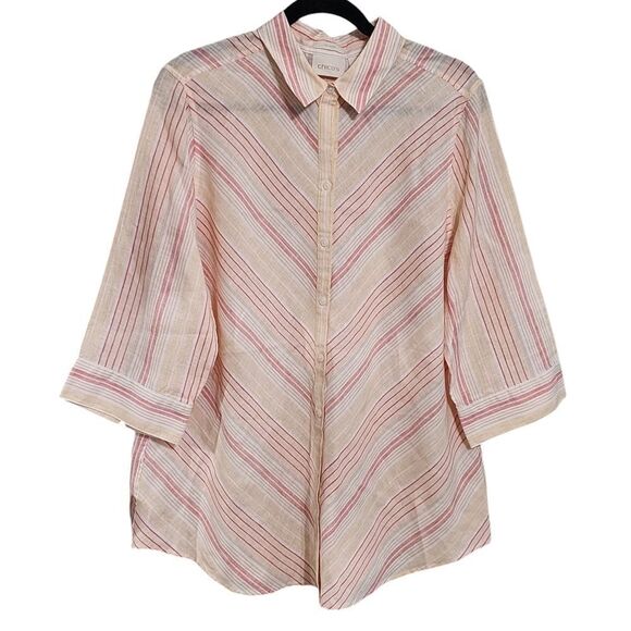 Chico's top multicolor striped linen button up 3/4 sleeve mature 14 - Picture 1 of 4